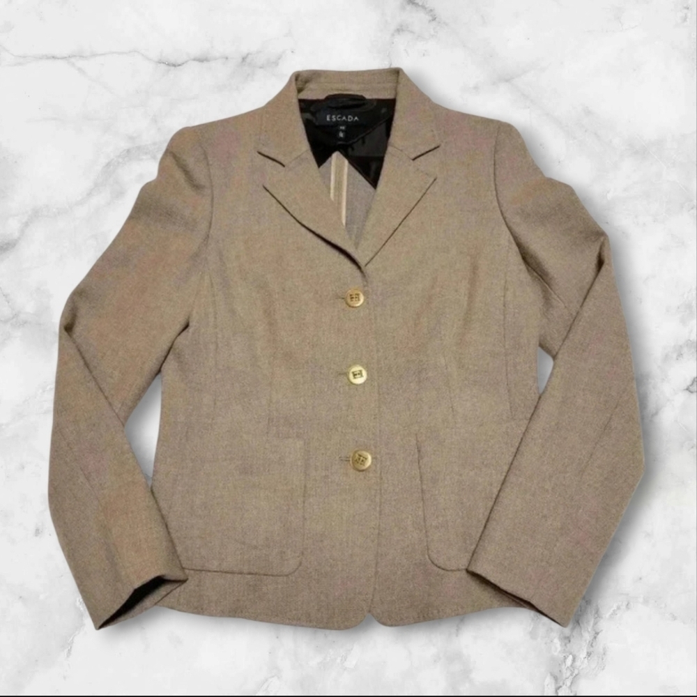 Escada Tan Knit Sweater Blazer Jacket Gold Logo Buttons Loro Piana Wool Cashmere